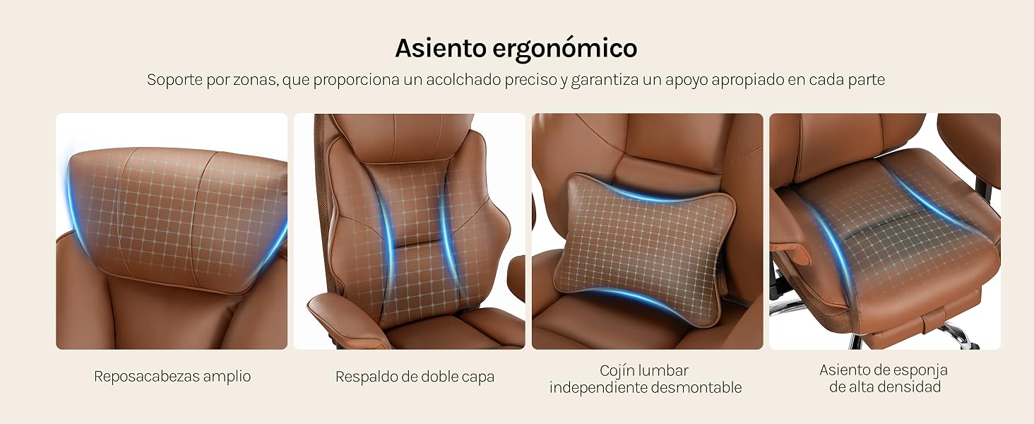 Secuencia que muestra el sillón reclinable de cuero en color marrón desde varios ángulos, que demuestra varias posiciones reclinables y la funcionalidad del reposapiés.