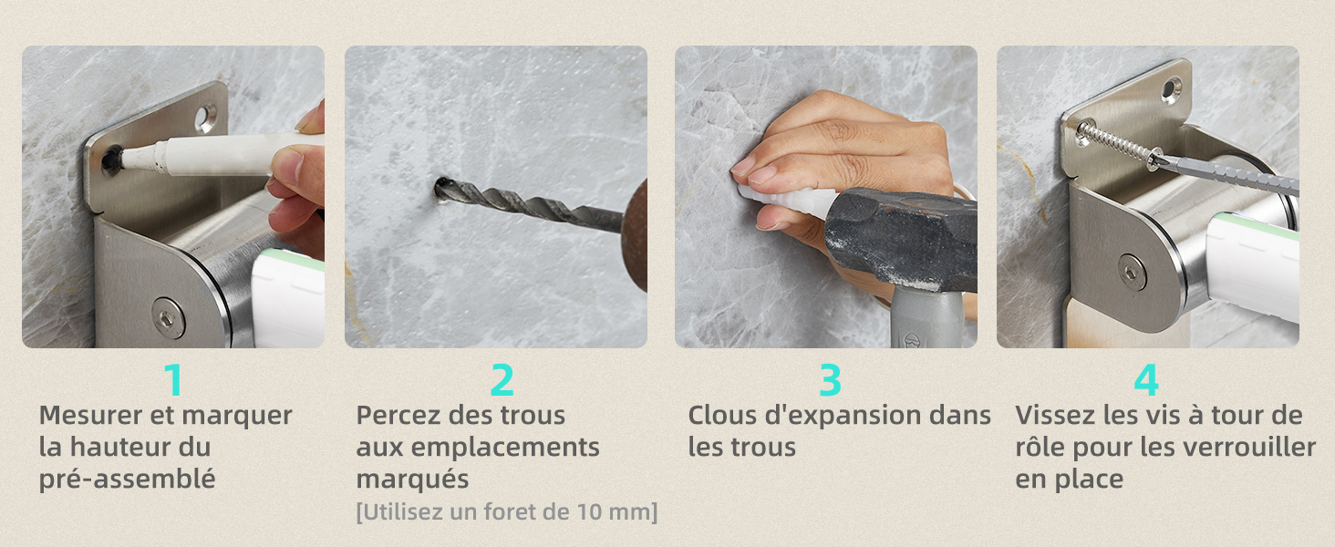 Guide d'installation montrant le processus d'assemblage étape par étape pour le montage de matériel doré, avec plusieurs angles illustrant la méthode de fixation appropriée.