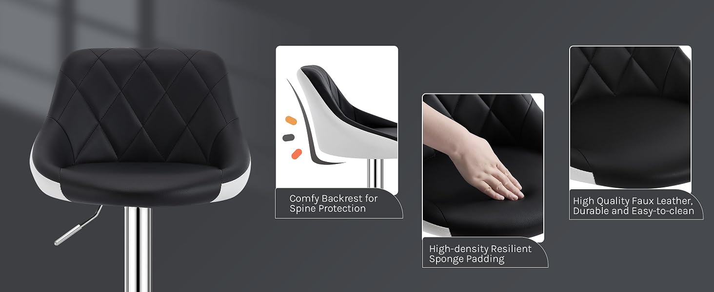Adjustable black bar stool with quilted seat cushion, chrome base, and footrest.