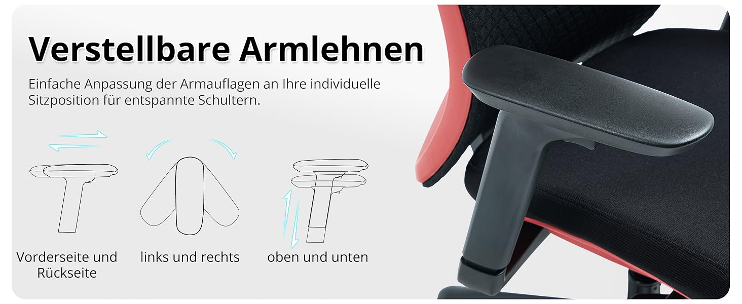 Der Text lautet „Verstellbare Armlehnen“. Anleitungsdiagramm mit verstellbaren Armlehnenpositionen mit drei verschiedenen Einstellwinkeln.