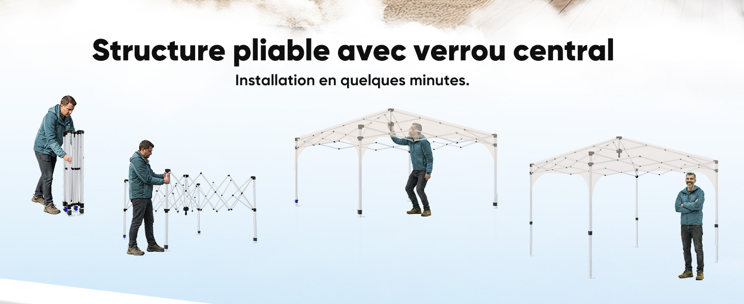 Le texte se lit comme suit : « Structure pliable avec verrou central ». Séquence montrant le processus d'installation d'un auvent portatif ou d'une structure de tente ; plusieurs personnes font la démonstration des étapes d'assemblage.