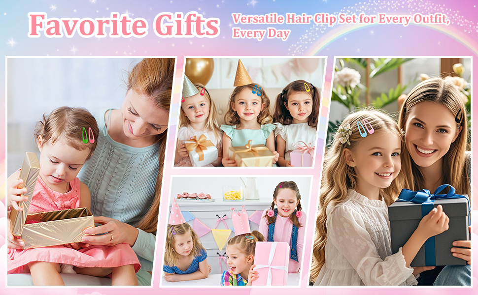 Collage of hair clips being worn by children and adults. Images show clips used in various hairstyles, with text suggesting they are versatile accessories for different outfits.