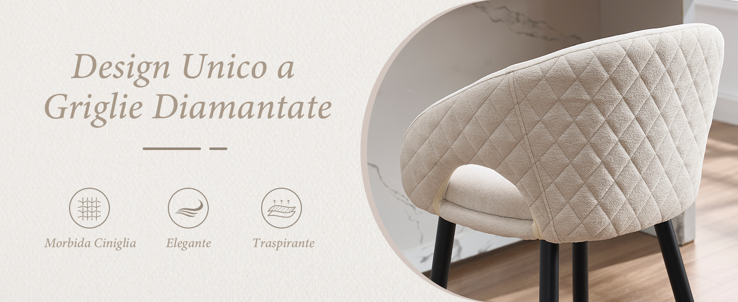 Il testo recita: 'Design Unico a Griglie Diamantate'. Presenta sedie da pranzo imbottite con tessuto trapuntato a rombi di colore beige chiaro.
