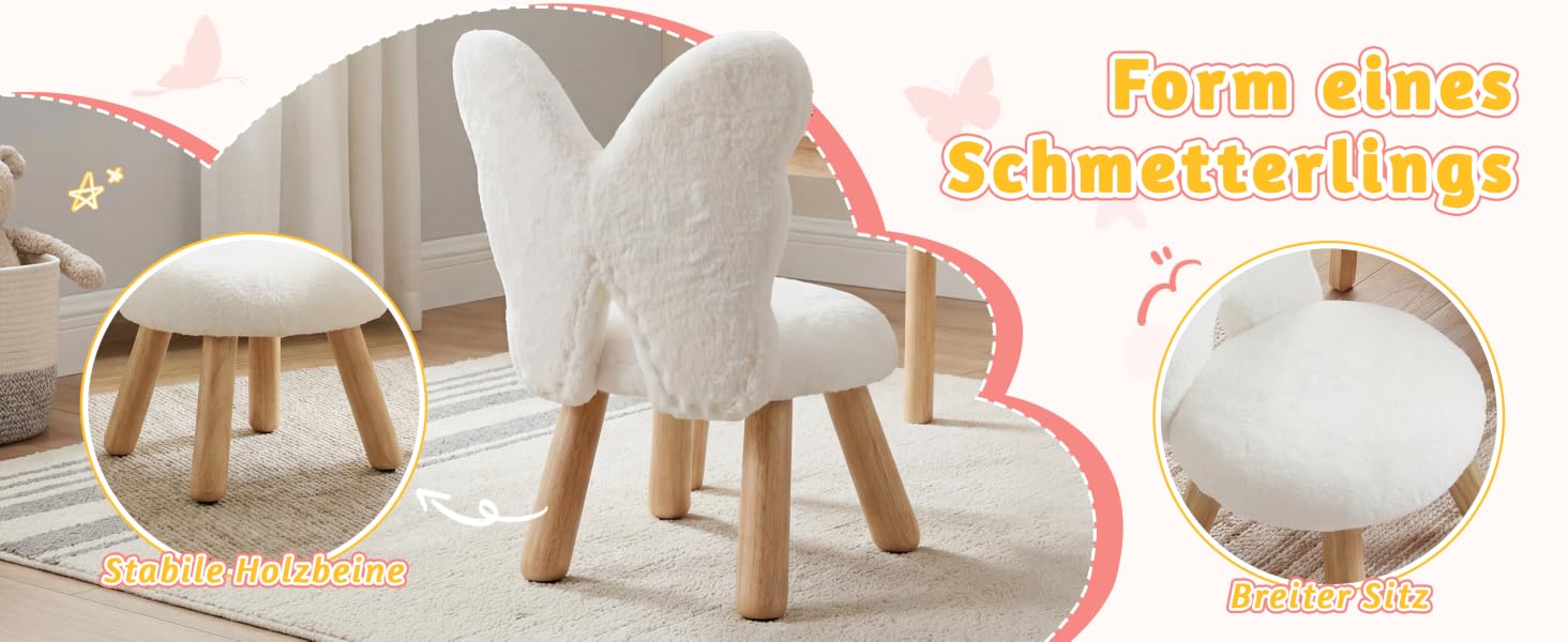 Der Text lautet „Farm eines Schmetterlings“. Wiederholte Ansicht weißer Möbelstücke in rosafarbener Umgebung mit dekorativen Elementen.