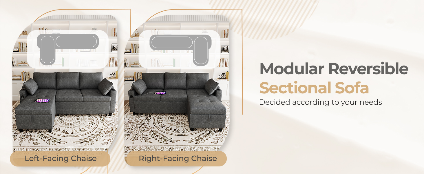 Der Text lautet „Sectional Sofa“, „Modular Reversible“. Das Möbeldiagramm zeigt verschiedene Konfigurationsoptionen mit nach links und rechts ausgerichteter Anordnung.