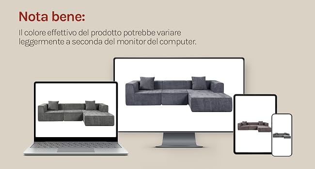 Il testo recita «Nota bene: Il colore effettivo del prodotto potrebbe variare leggermente a seconda dei monitor del computer». L'immagine mostra tre configurazioni di divani componibili modulari grigi visualizzate sugli schermi di laptop e tablet, che dimostrano diversi angoli di visualizzazione.