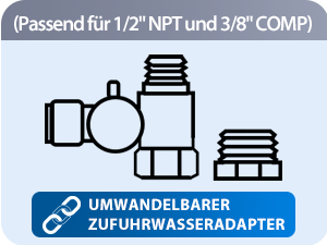 Schematische Darstellung eines konvertierbaren Wasserversorgungsadapters. Der Text weist auf die Kompatibilität mit 1/2-Zoll-NPT- und 3/8-COMP-Anschlüssen