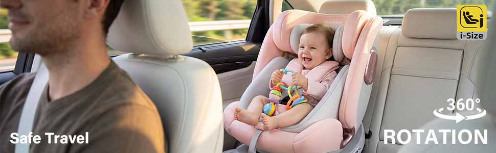 Le texte indique « Voyage en toute sécurité » et « ROTATION » avec une image montrant l'intérieur du siège auto et l'équipement de sécurité pour le transport des bébés.