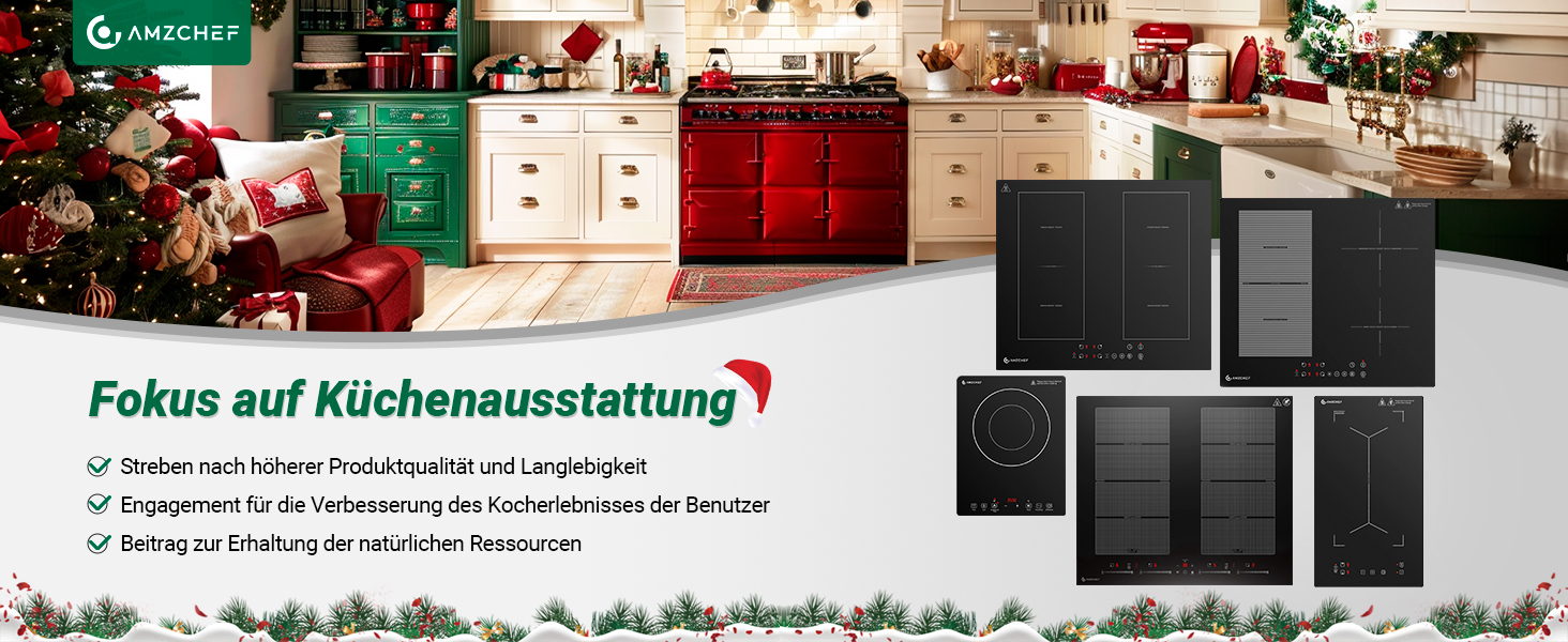Küchenszene mit weißen Schränken, rotem Herd und grünem Akzentstück. Die Beilage zeigt schwarze Kochfeldgeräte. Die Texthighlights konzentrieren sich auf die Ausstattung und Ausstattung der Küche
