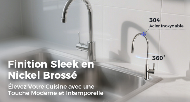 Le texte se lit comme suit : « Finition Sleek en Nickel Brosse », « Touche Moderne et Intemporelle », « 360° ». Robinet de cuisine moderne au fini nickel brossé.