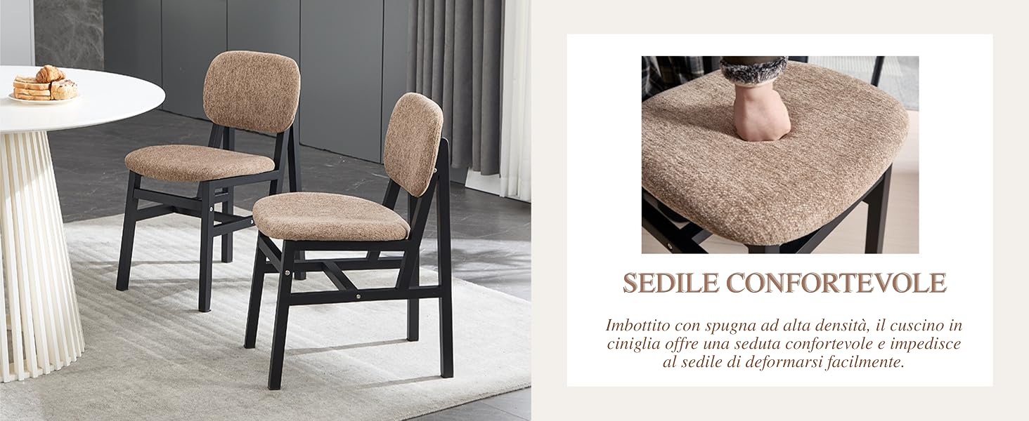 Il testo recita «SEDILE CONFORTEVOLE». Sedie da pranzo moderne con rivestimento beige e struttura in metallo nero, mostrate accanto all'immagine di dettaglio della superficie della seduta imbottita.