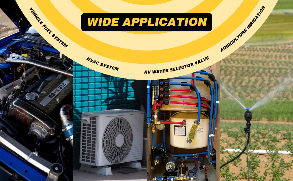 Text reads 'WIDE APPLICATION'. Collage showing yellow-themed industrial or agricultural machinery applications, including what appears to be HVAC or ventilation equipment.