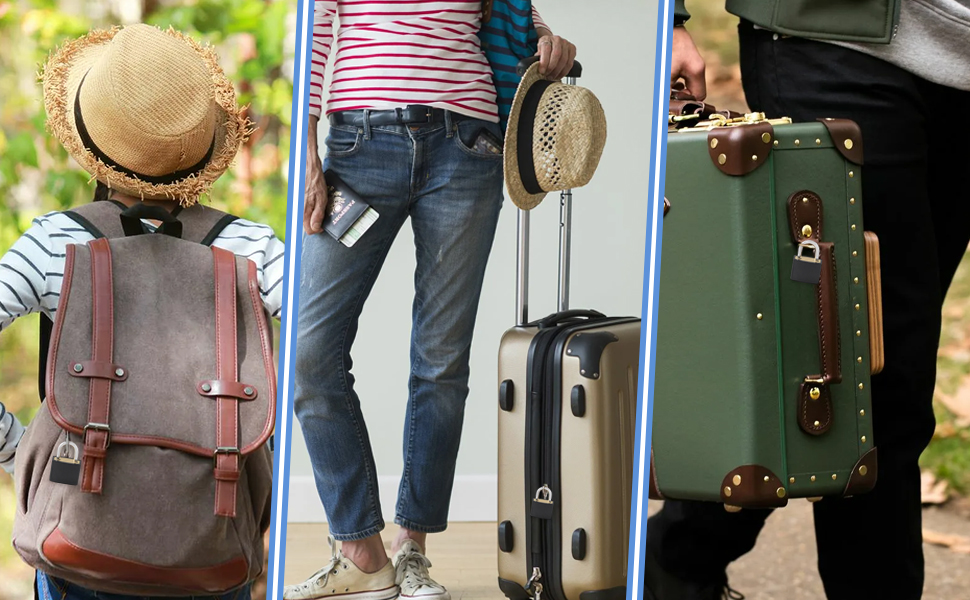 Collezione di eleganti bagagli e accessori da viaggio vintage, tra cui uno zaino in pelle, abiti in denim e una valigia classica in toni neutri.