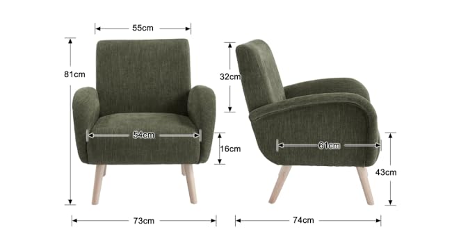 Fauteuil vert foncé dont les dimensions sont indiquées sous forme de schéma technique, affichant des vues de face et de côté.