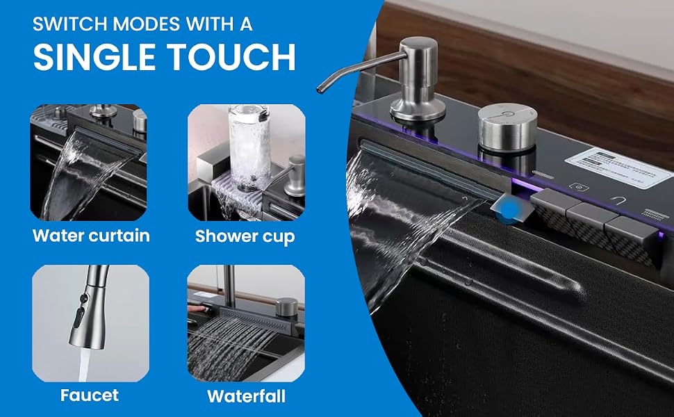 avec plusieurs modes de sortie d'eau : rideau d'eau, tasse de douche, robinet et cascade. Comprend une commande par interrupteur à touche unique et un design noir élégant avec des touches argentées.