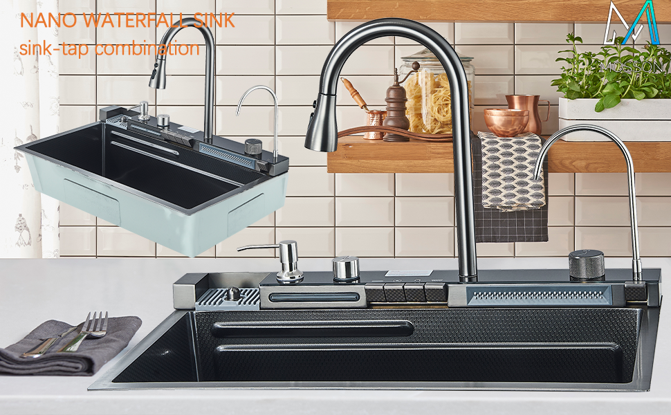 Single Bowl Kitchen Sink Waterfall Single Sink Filtered Water Faucet Workstation Kitchen Sink