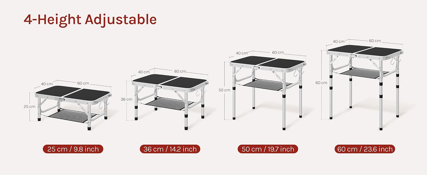 Text reads '4-Height Adjustable'. Diagram showing four progressive stages of height adjustment for a camping cot or elevated platform bed, each with adjustment measurements indicated below.