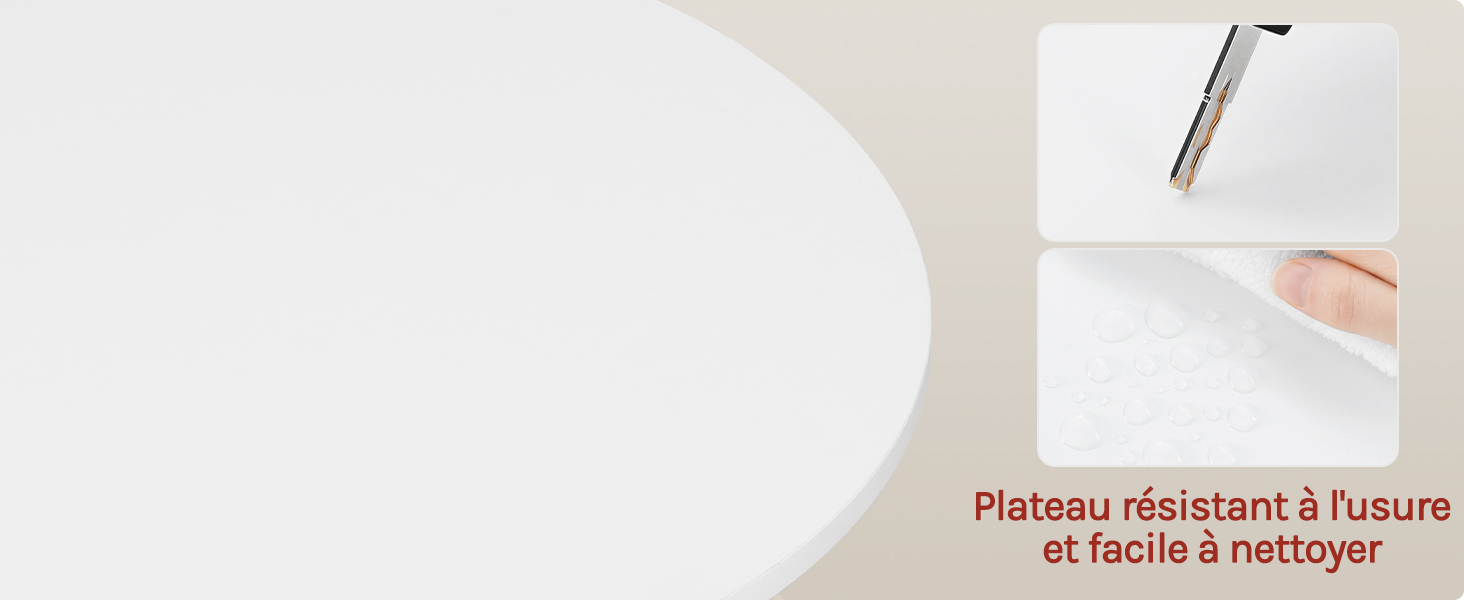 Le texte indique « Plateau résistant à l'humidité ». Image à panneaux multiples montrant l'application d'une surface blanche et une démonstration de manipulation avec des détails rapprochés de la texture de la surface.