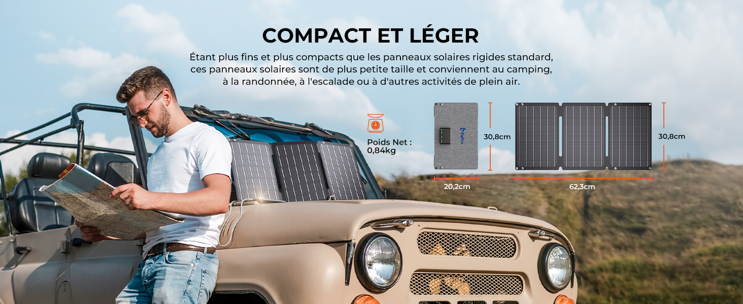 Homme lisant une carte sur un véhicule tout-terrain beige. Les images en encart montrent des panneaux solaires compacts de différentes tailles, soulignant leur légèreté et leur portabilité pour les aventures en plein air