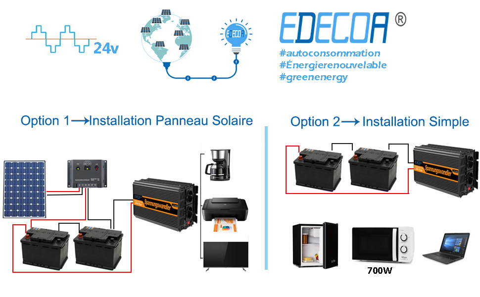 convertisseur onduleur 2000w 24v 220v 230v onda modifiee micro-ondes camion power inverter edecoa