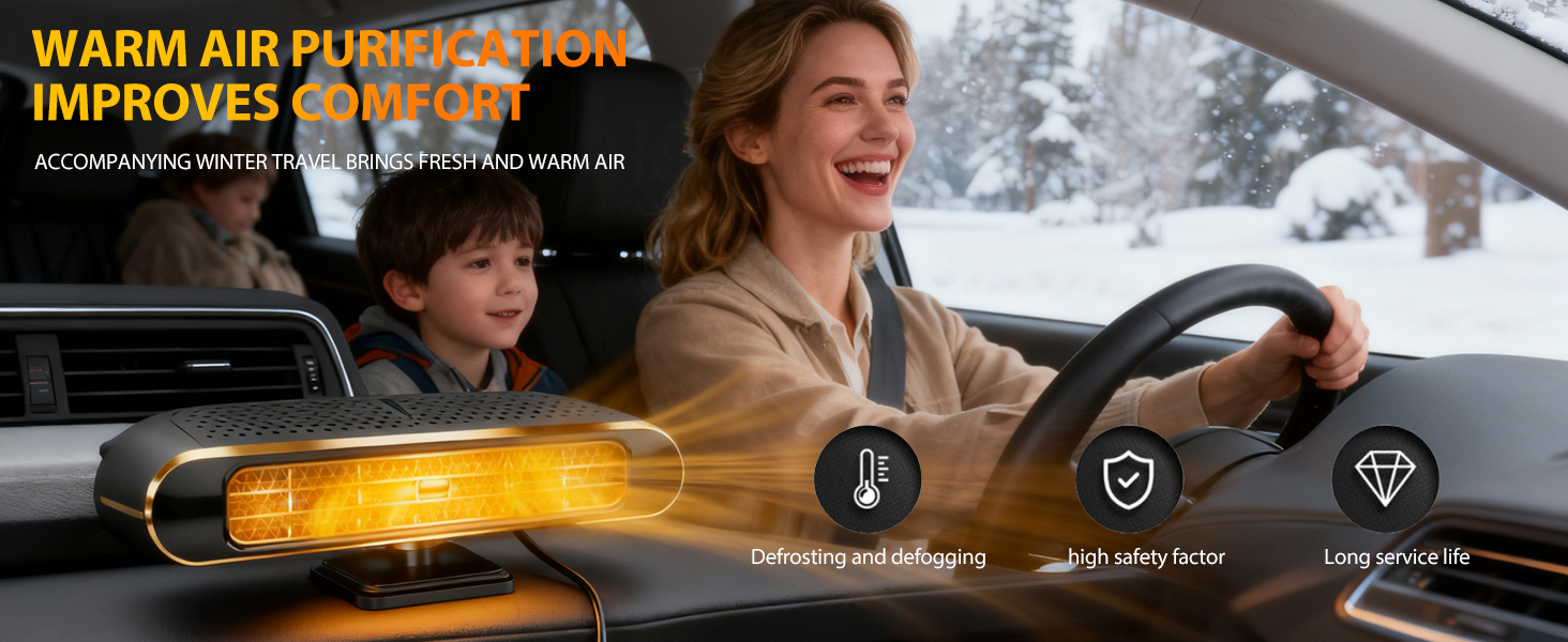 Text reads 'WARM AIR PLUS POWER IMPROVES SAFETY'. Vehicle interior dashboard view showing climate control features with yellow temperature indicator overlay.