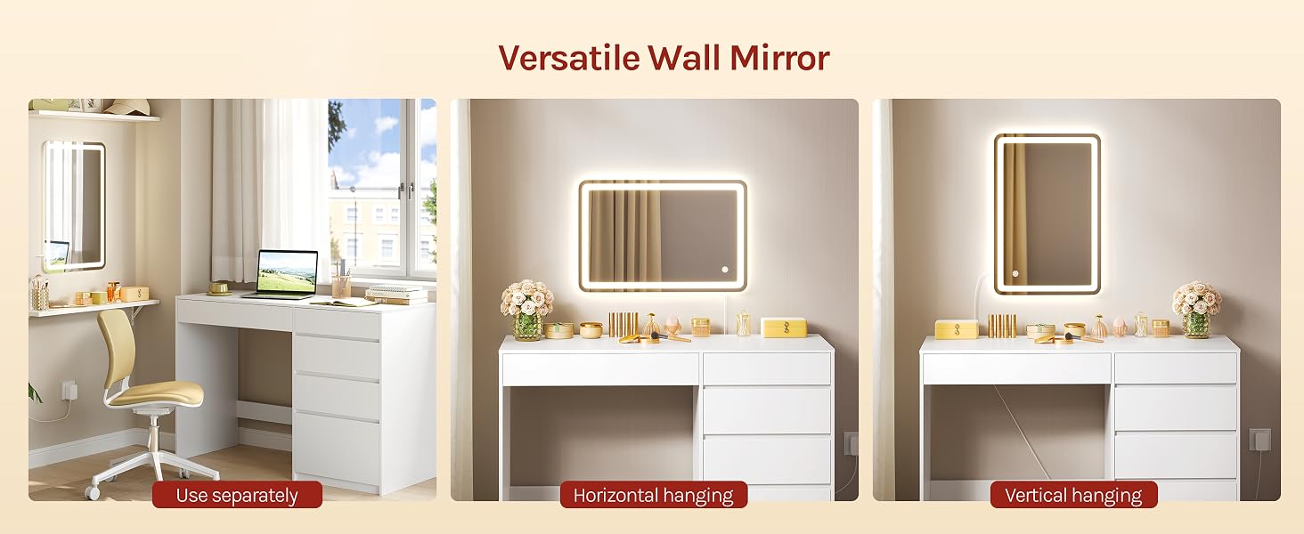 Text reads 'Versatile Wall Mirror'. Three wall-mounted mirrors with integrated lighting displayed in bright interior spaces showing various installation configurations and finishes.