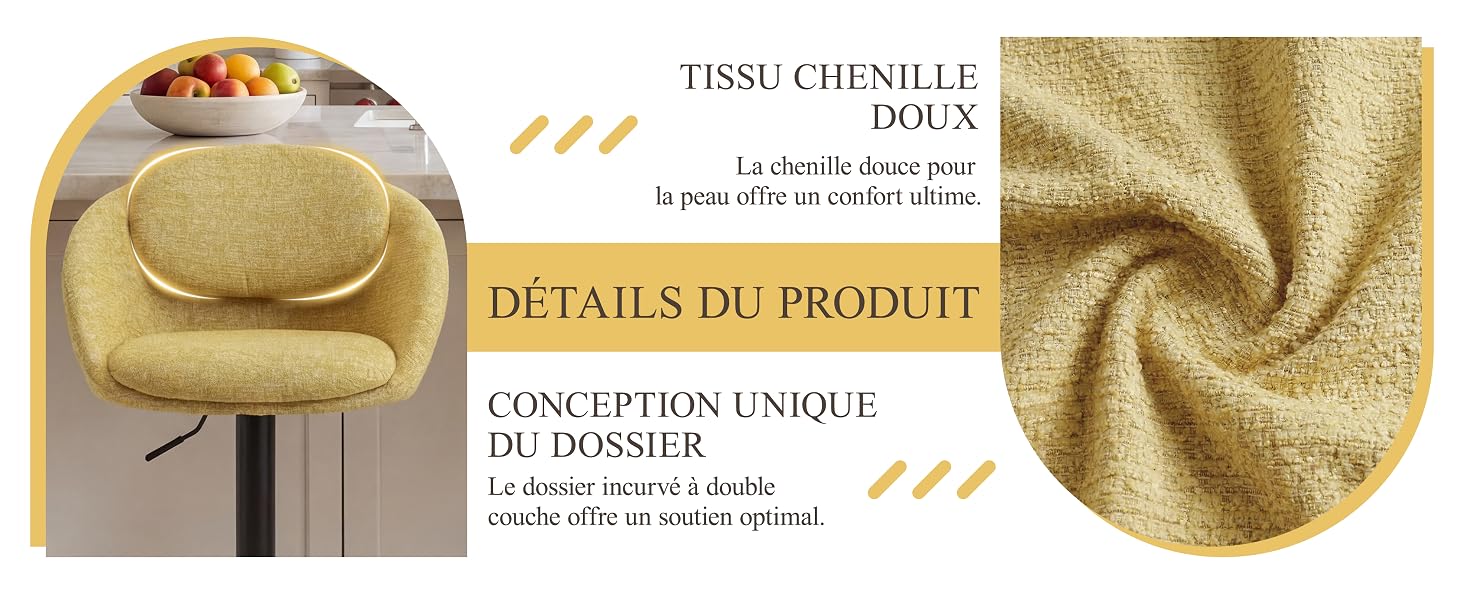 Le texte indique « TISSU CHENILLE » et « DÉTAILS DU PRODUIT ». Images rapprochées montrant la texture du tissu chenille doré et les détails du matériau.