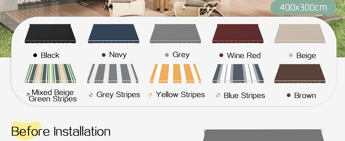 Der Text lautet „Vor der Installation“ und zeigt Farboptionen wie „Miami Design“, „Grey Stripes“, „Yellow Stripes“, „Blue Stripes“, „Brown“. Anzeige von Stoff- oder Materialmustern in verschiedenen Streifenmustern.