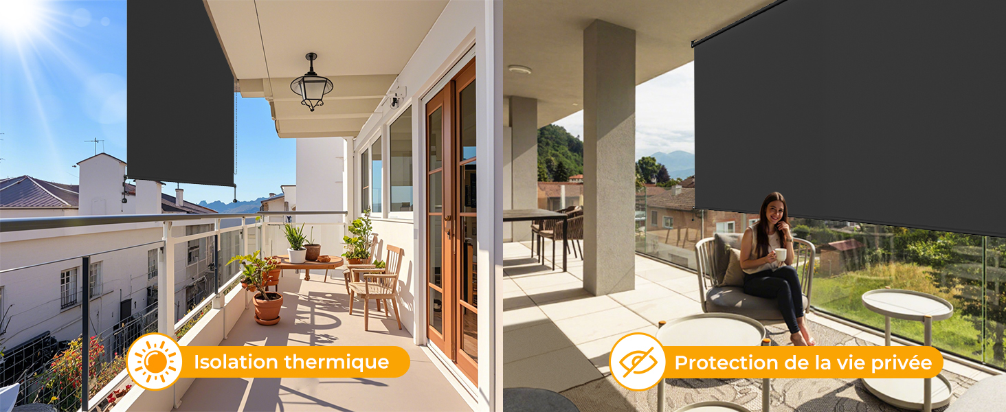 Vue divisée de la propriété de location de vacances : le côté gauche montre un balcon meublé avec chaises et table, le côté droit montre un coin salon extérieur avec chaises longues et vue sur la montagne.