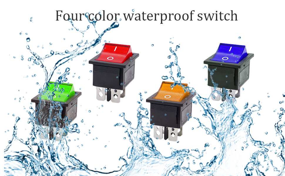 Four waterproof electrical switches in different colors (red, green, blue, orange) with water splash effects demonstrating their water-resistant properties.