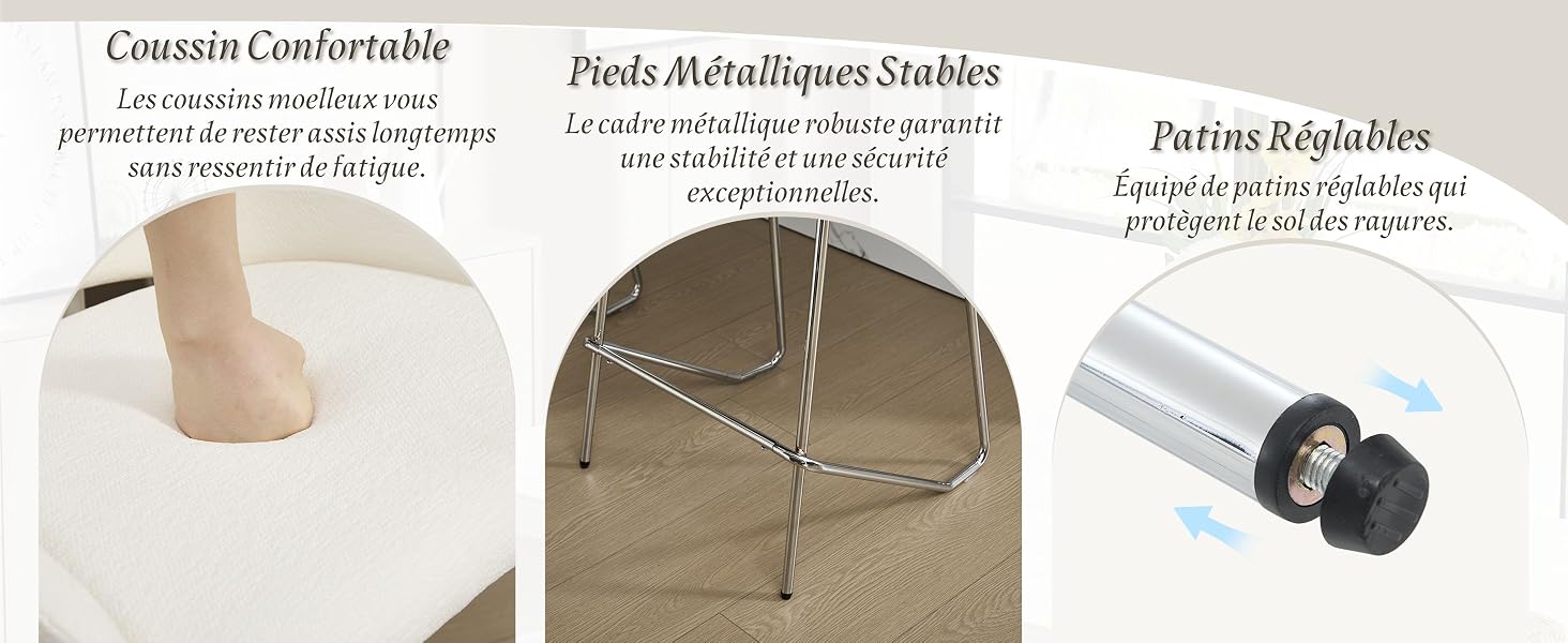 Schéma technique montrant les étapes d'assemblage du produit avec plusieurs vues des composants métalliques et des points de connexion. Chaque image montre différentes étapes d'assemblage.