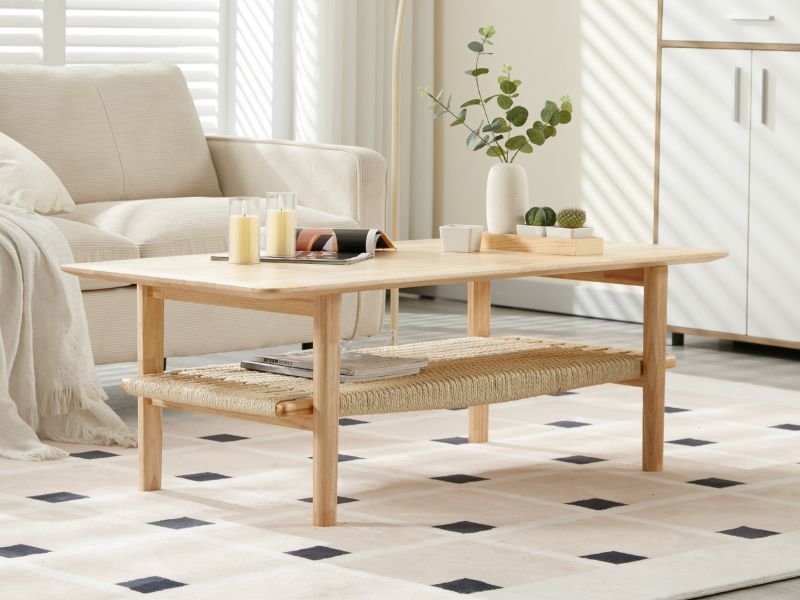 Tavolino da caffè moderno con struttura in legno chiaro e ripiano inferiore in rattan intrecciato, in stile salotto con candele sulla parte superiore e divano beige accanto.