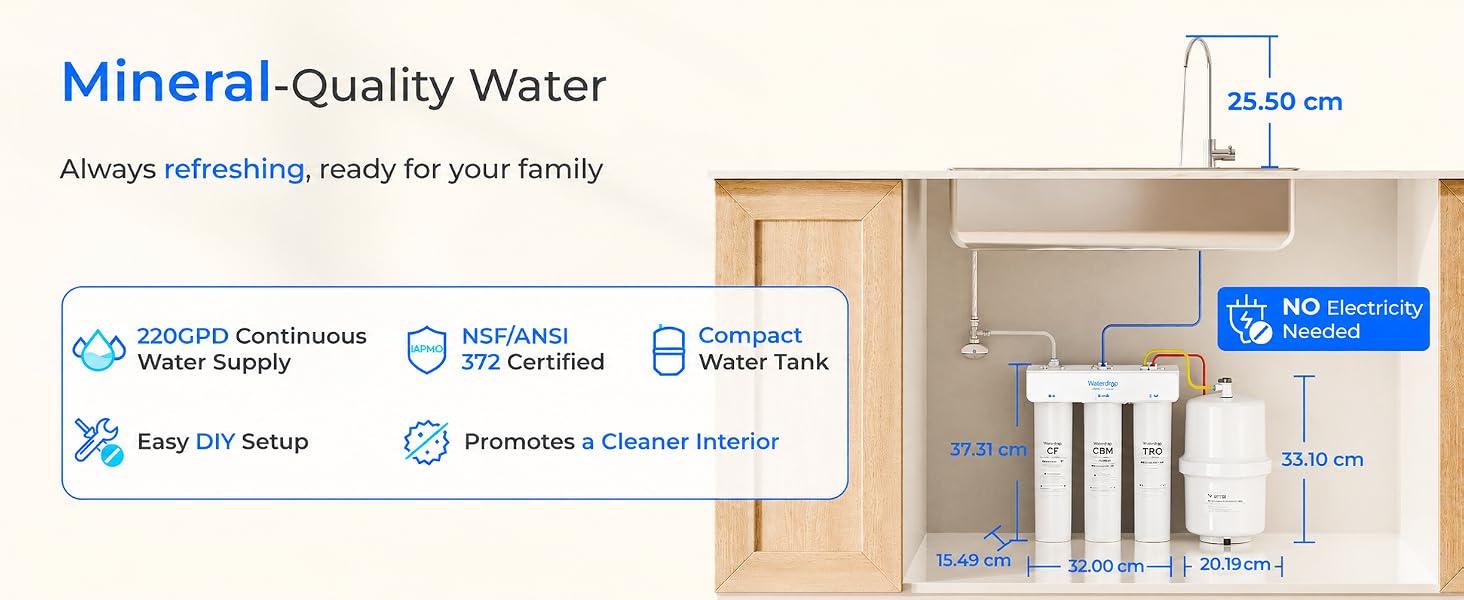 Le texte indique « Une eau de qualité minérale » et « Une eau toujours délicieuse pour votre famille ». Infographie montrant le système de filtration d'eau avec des composants étiquetés, des badges de certification et un schéma d'installation sur fond de cuisine.
