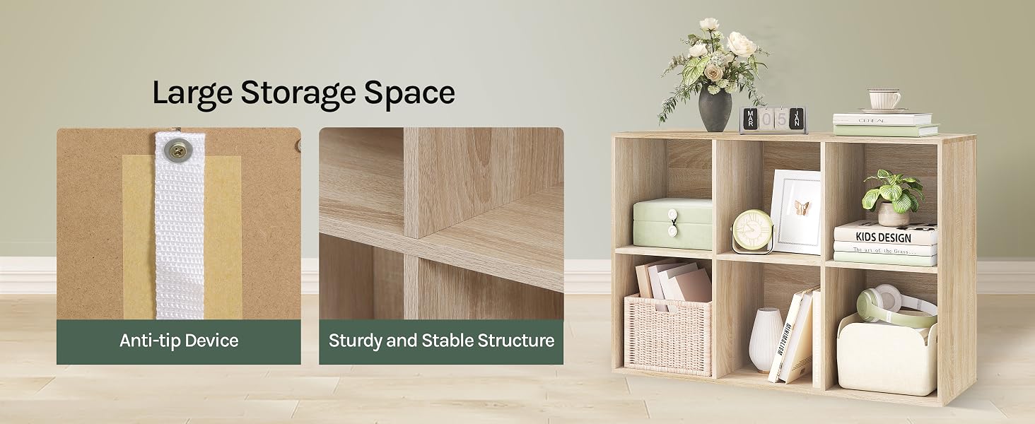 Wooden cube storage unit with multiple compartments. Text highlights 'Large Storage Space' and 'Sturdy and stable structure'.