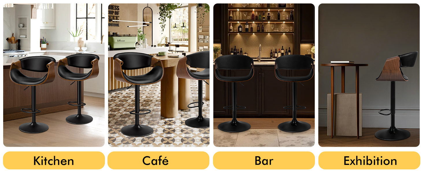 Text reads 'Kitchen Café Bar Exhibition'. Collection of bar stool product photos showing various installations in different settings including kitchen counters, cafes, bars, and exhibition spaces.