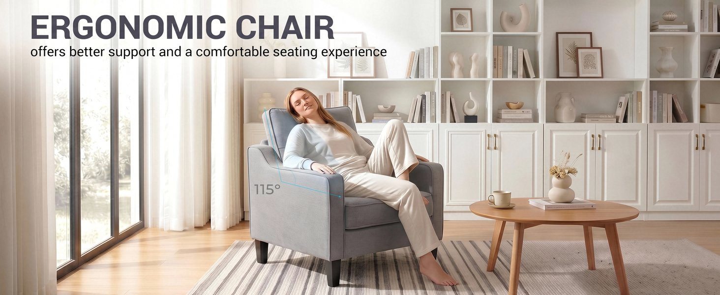 Text reads 'ERGONOMIC CHAIR'. Interior room with person sitting in gray upholstered chair at desk near white shelving unit and large windows.