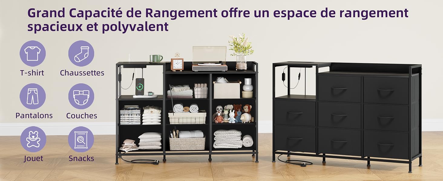 Le texte se lit comme suit : « Grande Capacité de rangement offre un espace de rangement spacieux et polyvalent » avec des icônes étiquetées « S-mm », « Chaussures », « Rangent », « Jouets », « Divers ». Meubles de rangement noirs et en bois clair avec étagères et compartiments fermés présentés côte à côte.