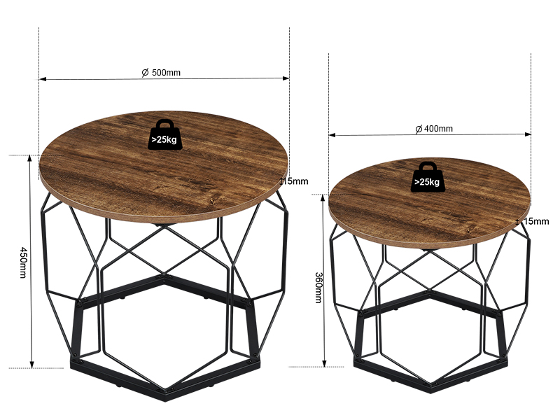 Technical diagram of two round wooden tables with geometric black metal bases, showing dimensions for 50cm and 40cm diameter versions.