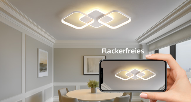 Moderne LED-Deckenleuchte mit ineinandergreifendem quadratischem Design, die in einer Raumumgebung und auf einem Smartphone-Bildschirm gezeigt wird und die flackerfreie Technologie demonstriert