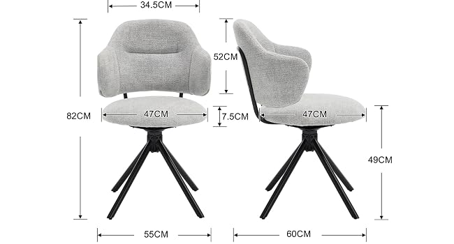 Chaise pivotante rembourrée grise avec pieds en métal noir, visibles de face et de côté. Dimensions affichées : 34,5 cm de largeur, 82 cm de hauteur, 87 cm de profondeur, 58 cm de largeur de base, 67 cm de profondeur.