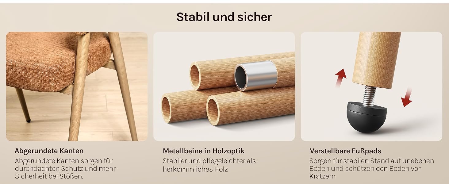 Der Text lautet „Stabil und sicher“, „Abgerundete Kanten“, „Wetterfest/in naturligem“, „verstärkter Fuß Kopfschuss“. Drei Stuhlbeine aus Holz mit abgerundeten Kanten, einer wetterfesten Konstruktion und verstärkten Fußpolsterdetails.