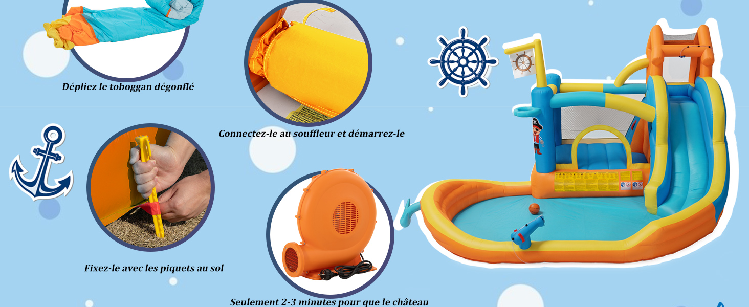 Illustration de bande dessinée présentant des thèmes nautiques et estivaux, notamment l'eau, la roue des navires, les notes de musique, le soleil et les éléments de piscine dans une palette de couleurs bleu et jaune.