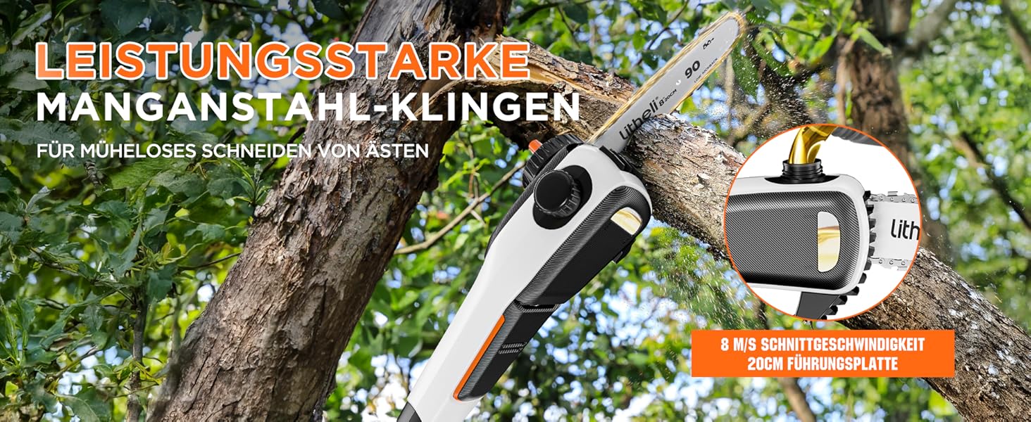 Gartenschere, die einen Ast schneidet. Nahaufnahme zeigt Klingen aus Manganstahl. Im Text werden „leistungsstarke Klingen aus Manganstahl“ und „zum mühelosen Schneiden von Ästen“ auf Deutsch hervorgehoben