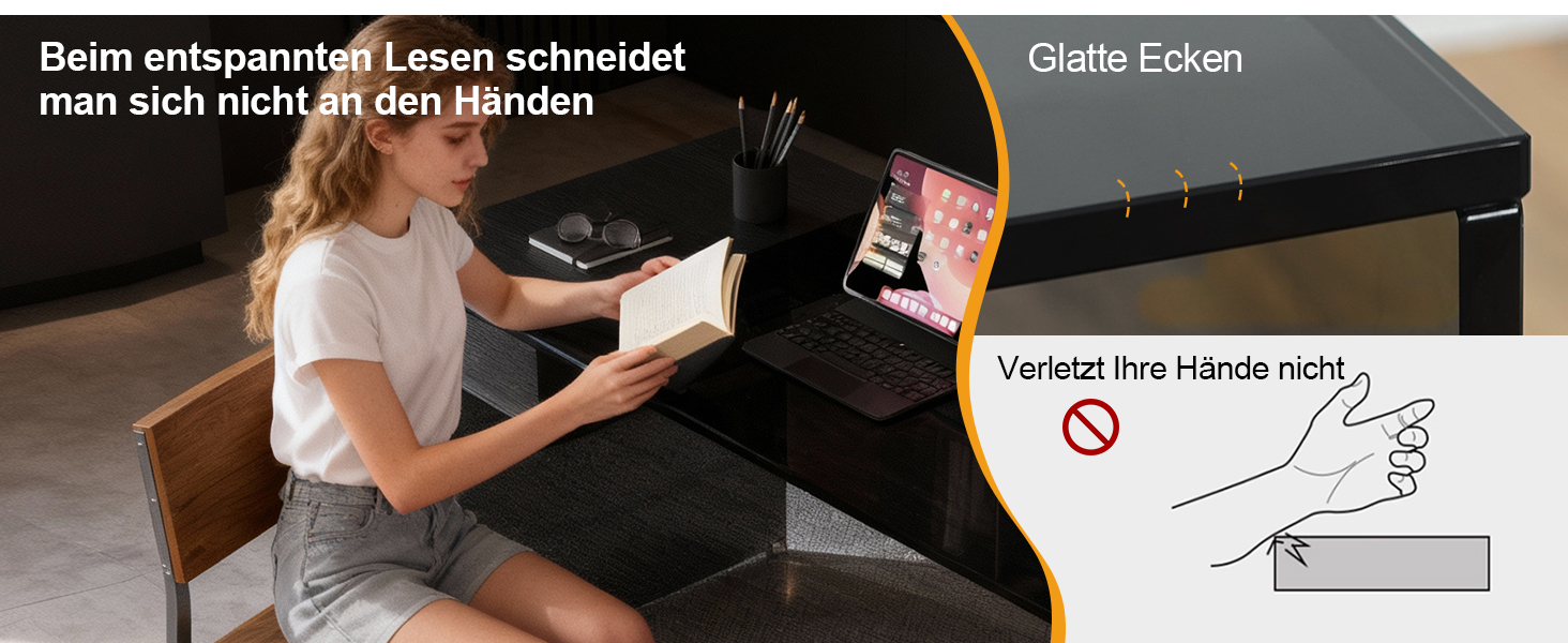 Der Text lautet „Beim entspannten Lesen schneidet“ und „Glatte Ecken“. Anleitungsdiagramm, das die richtige Buchhandhabungstechnik zeigt, mit Abbildung der Handhaltung.