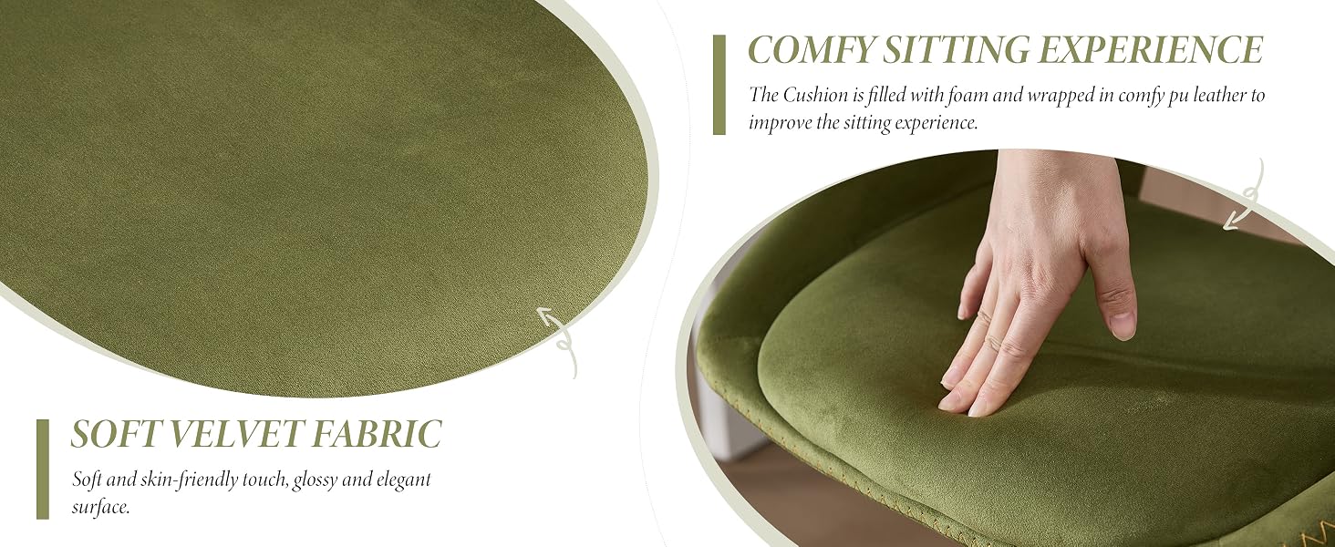 Text reads 'COMFY SITTING EXPERIENCE' and 'SOFT VELVET FABRIC'. Shows close-up of green circular cushion or mat with hand demonstrating texture.