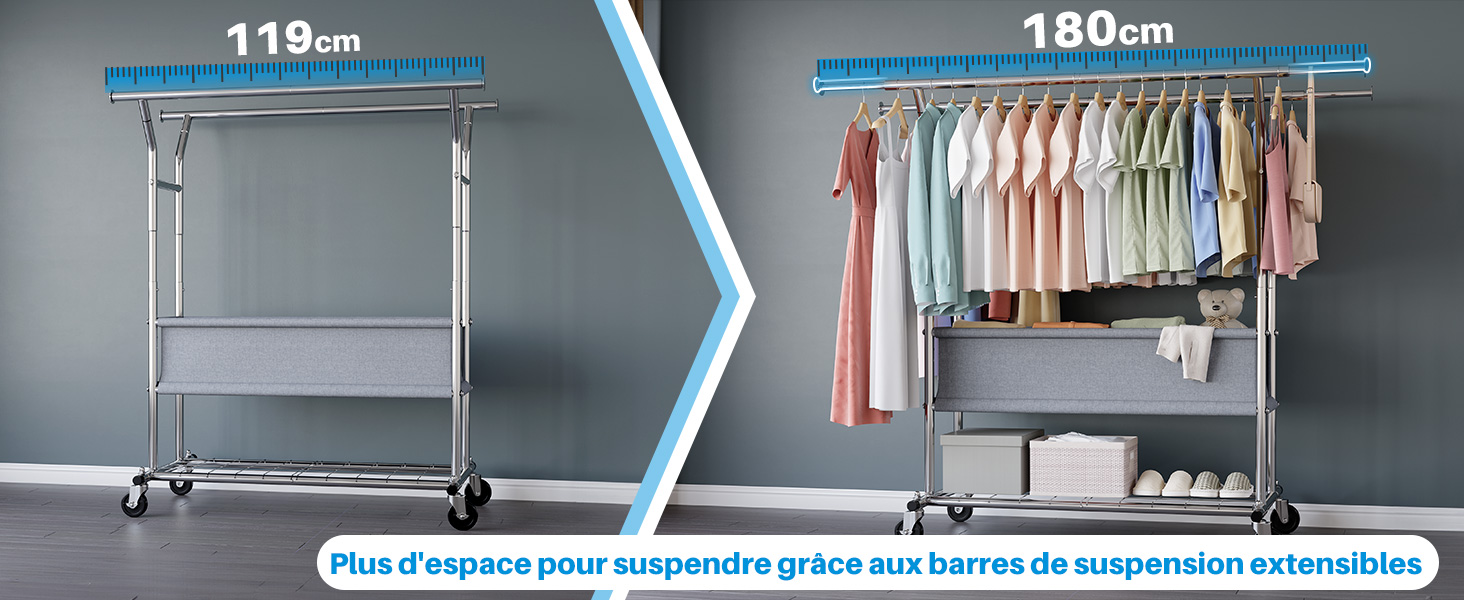 Schéma technique montrant les dimensions du porte-vêtements : les longueurs « 118 cm » et « 180 cm » sont indiquées par des flèches bleues. Affiche les vêtements suspendus et les spécifications dimensionnelles.