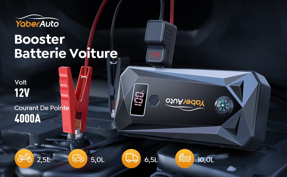 Yaber Auto Booster Batterie Voiture,4000A 26800mAh 12V Démarreur de Voiture  (Tout Gaz ou 10,0 L Diesel),Portable Jump Starter avec Deux Sorties  USB,Lamp LED（YA40）