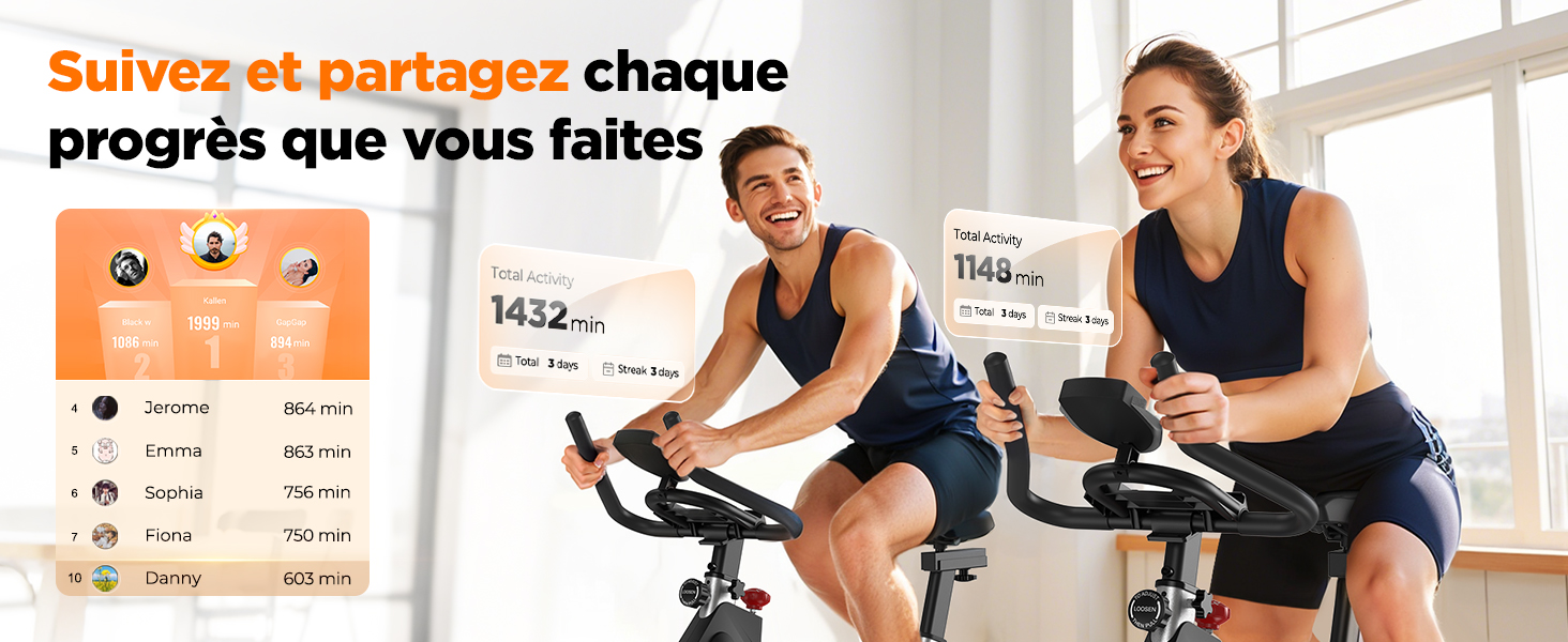 Le texte se lit comme suit : « Suivez et partagez chaque progrès que vous faites ». Cela ressemble à une interface ou à un écran de suivi des progrès liés à la condition physique.