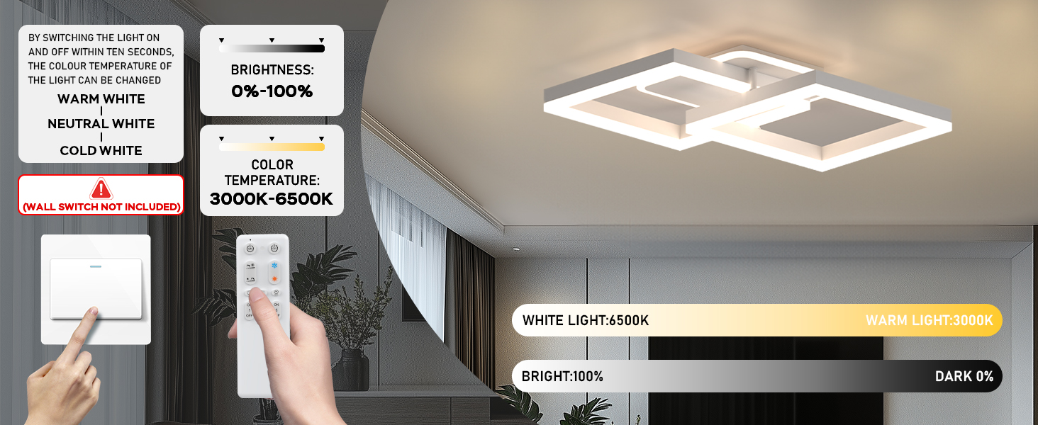 Intelligente LED-Deckenleuchte mit rechteckigem Design. Die Fernbedienung zeigt Optionen für Helligkeit, Farbtemperatur und Szeneneinstellungen.