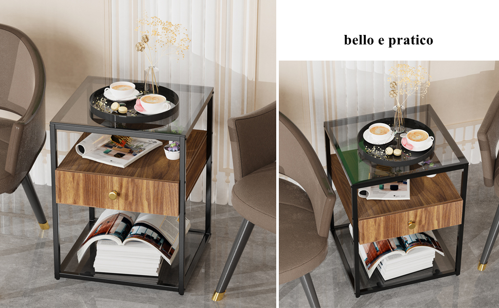 Tavolino Lato Divano Comodino Tavolino da caffe, Cassettiera con Piano in Vetro Temperato Soggiorno